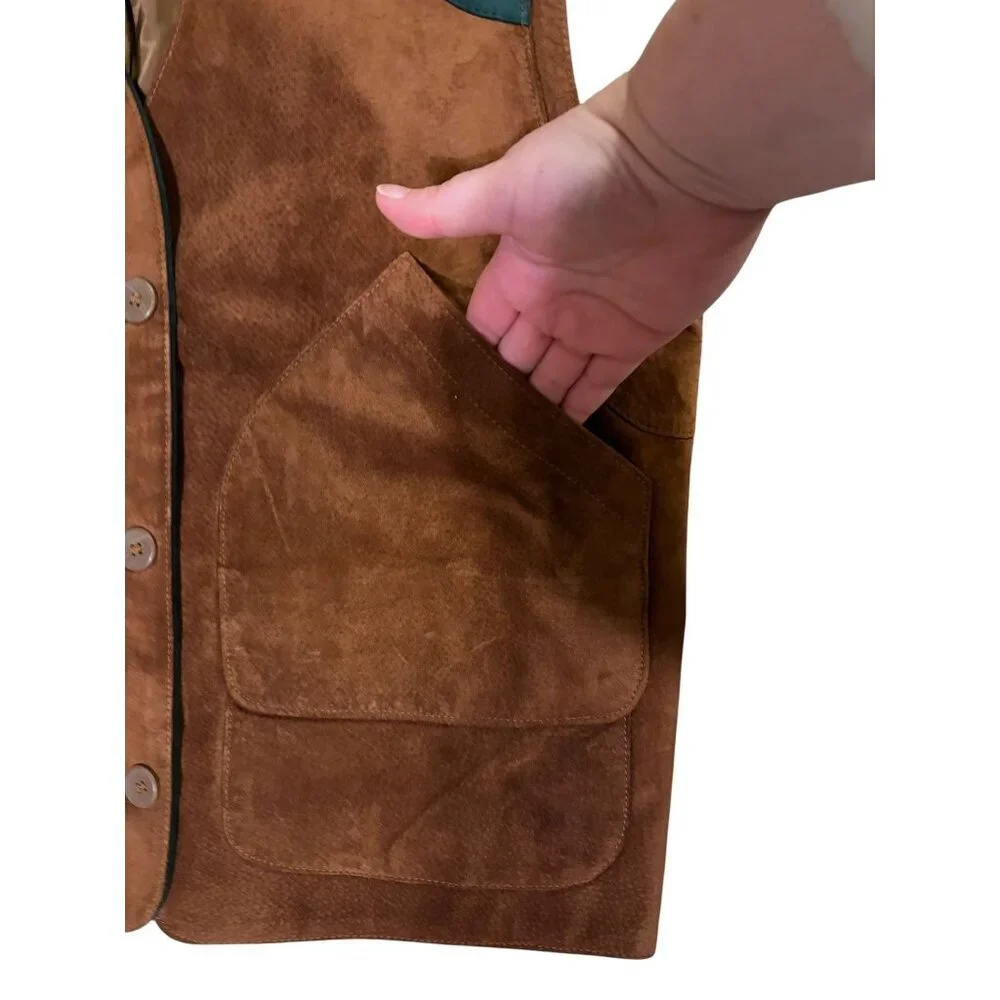 VTG Suede Vest M Pig Leather Two Way Pockets Outdoor Hiking Utility Photography